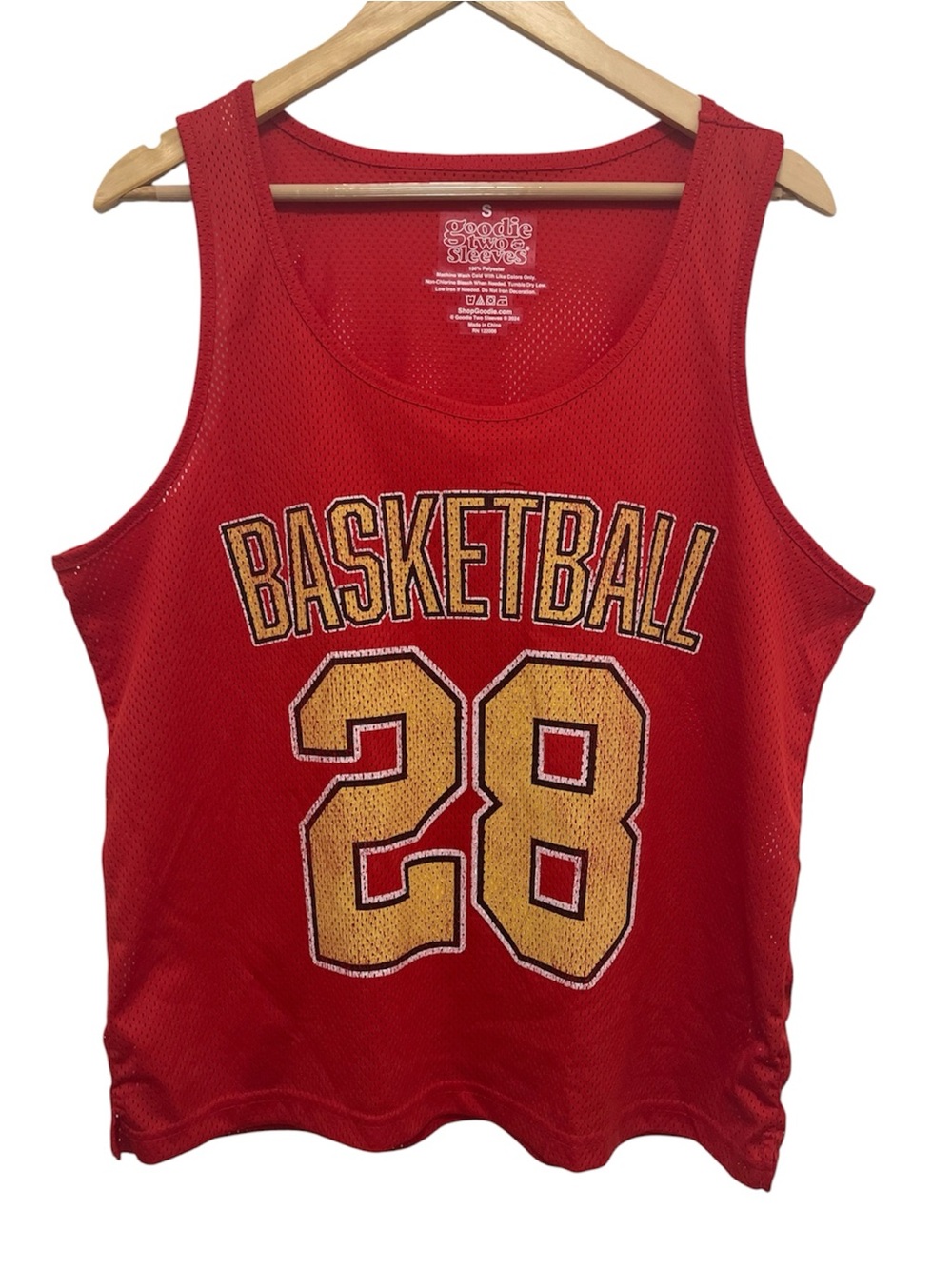 Goodie Two Sleeves Red Mesh Basketball Tank with Gold Number 28 Size Small